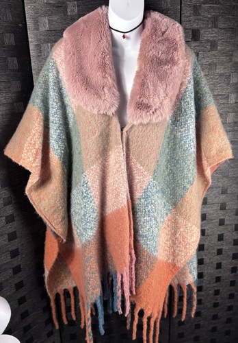 Adrienne Vittadini Faux Fur Collar Plaid Kimono Sweater Jacket Poncho 1 Size - Bild 5 von 11