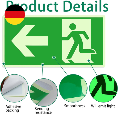 6 Stück Notausgang Links Notausgangsschild Nachleuchtend Selbstklebend PVC Stark - Bild 3 von 7