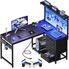 Office Table Reversible Computer Desk L Shaped Gaming Desk w/ Shelf & LED Light