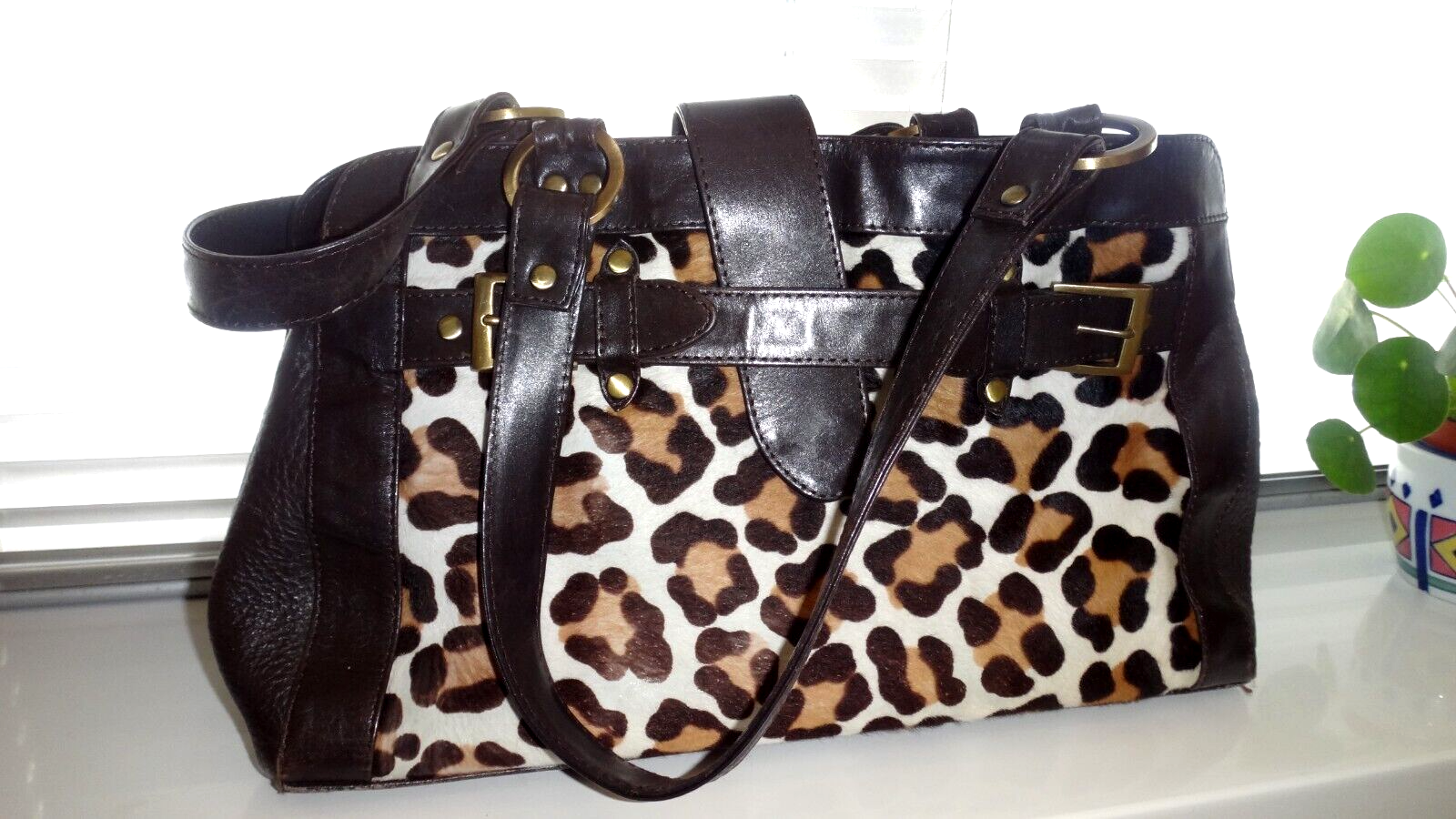 Borsa a tracolla Fab Designer pelle di pony e pelle stampa leopardata manico superiore