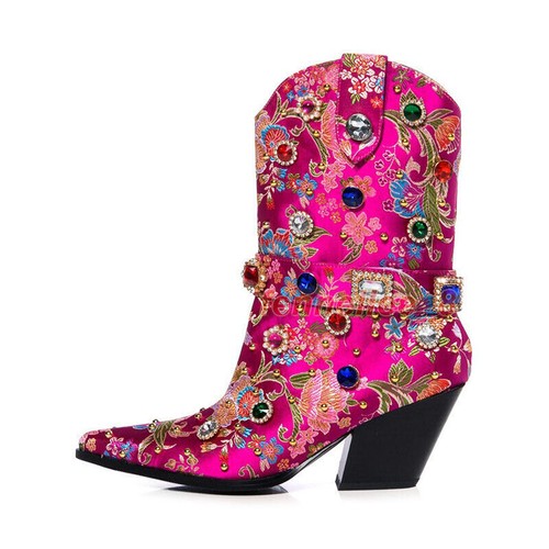 Ethnic Womens Boots Pointed Toe Chunky Heels Mid Calf Boots Rivet Rhinestone New - Bild 6 von 27