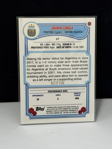 2023 Topps Joaquín Correa Argentina Forward 037/150 - Bild 2 von 2