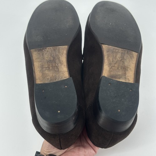 Authentic Vtg 1992 HERMES Brown Suede Slip On Flat Loafers Gold Metal Bit EU37.5 - Picture 9 of 11
