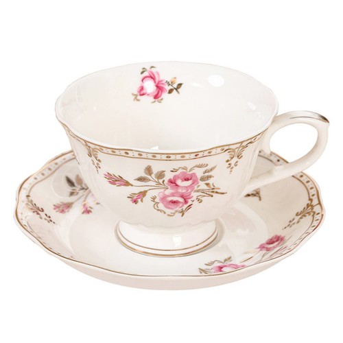 7.4oz Floral Porcelain Tea Cup and Saucer Set, Light Pink Coffee Cup with Gol...