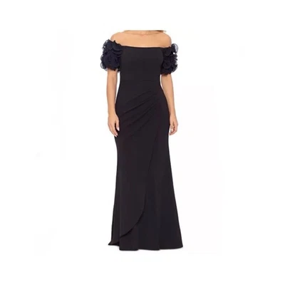 Xscape Navy Blue Off-Shoulder Evening Gown with Floral Puff Sleeve Detail - image 1 of 4