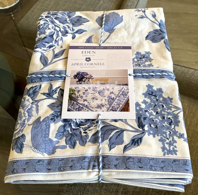 April Cornell EDEN 60'' x 84'' Blue & White Floral Tablecloth Table for 6-8 NWT