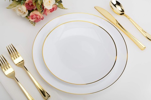 120 Piece White And Gold Rimmed Elegant Premium Quality China Like Disposable... - Picture 3 of 6