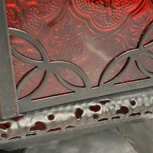 Moroccan Lantern Candle Holder Red Glass Hanging Black Metal Tea Light Gothic - Bild 12 von 21