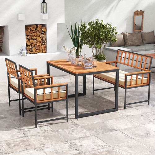 4 Pieces Outdoor Acacia Wood Table and Chairs with 1.96" Umbrella Hole, Cushions - Picture 3 of 9