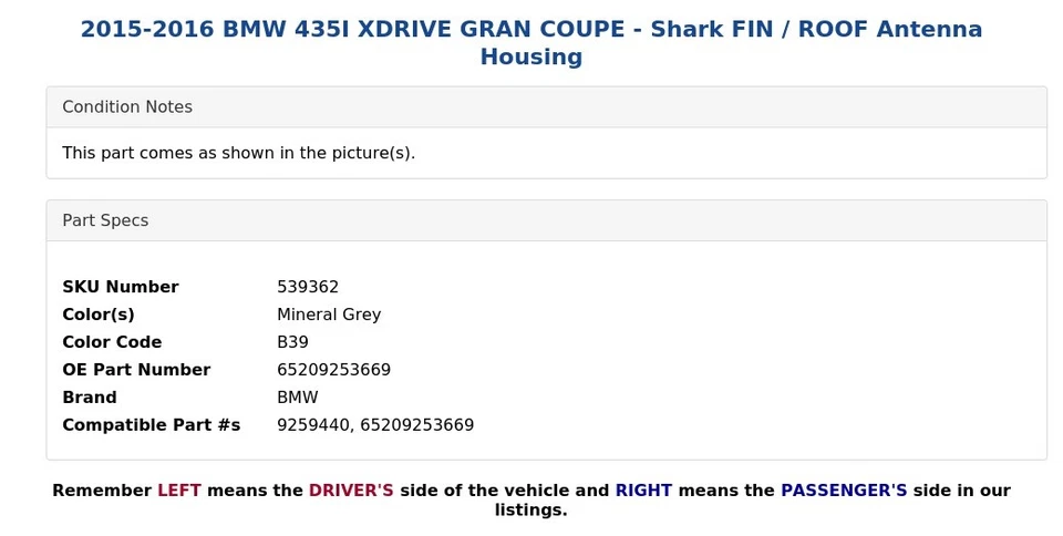 BMW 435I XDRIVE 2015-2016 gran cupé - aleta de tiburón/techo carcasa de antena Foto 4 de 4