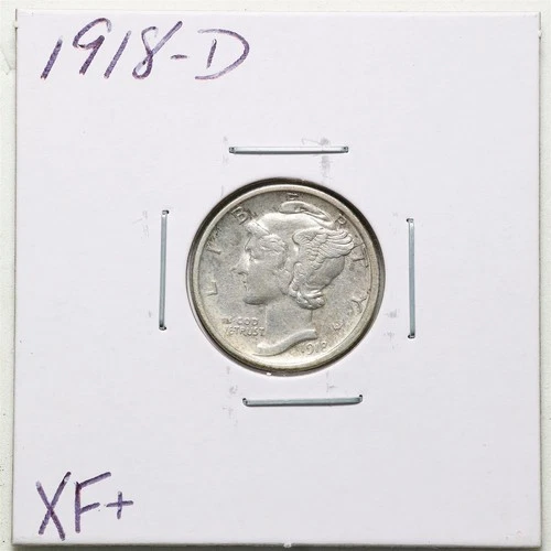 1918-D 10C Mercury Winged Liberty Silver Dime in XF+ Condition #6221