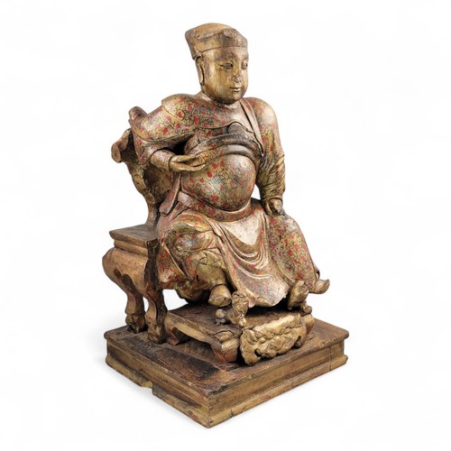 Frühe chinesische, vergoldete, bemalte Holzfigur, Tempelfigur, Zivilbeamte, um 1650 - Bild 9 von 24