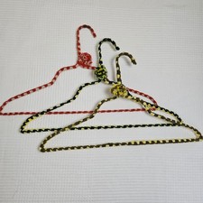 Vintage Handmade Yarn Wrapped Wire Hangers 3pc Green Yellow Orange Pom Pom