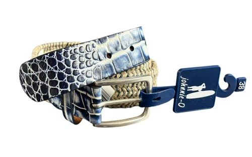 JOHNNIE-O NEW Woven Belt with Malibu Blue Croc Tips Size 38 Preppy Coastal