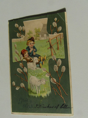 Präge.AK Glad Pask.Kinder,2Schäfchen,Flöte,Haus,Blumenw.,Bäume,Palmk gel.20.3.10