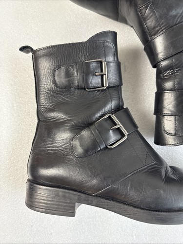 Emanuele Crasto Women's black Leather Double Buckle Italian Combat Boots 39 EU 9 - Picture 2 of 14