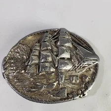 Bergamot 1983 Vintage Brass Works Belt Buckle Sailing Ship Rudyard Kipling 1892