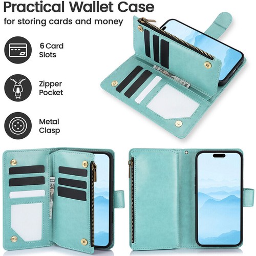 Magnetic Leather Zipper Wallet Flip Cover For iPhone 16 Pro Max 15 14 13 12 Case - Picture 24 of 61