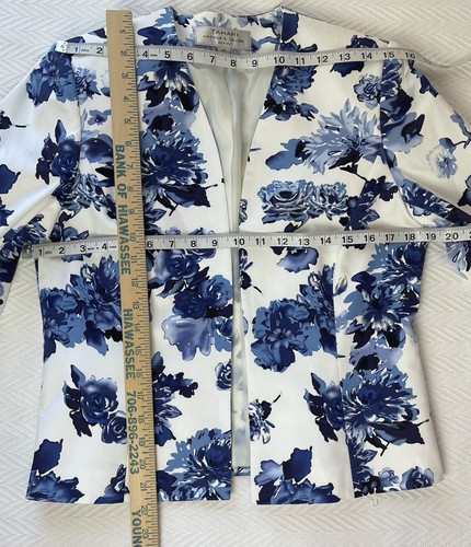 Tahari Women’s Blazer 6P Blue White Open Lined Hip Length Arthur Levine Floral - Imagen 7 de 11