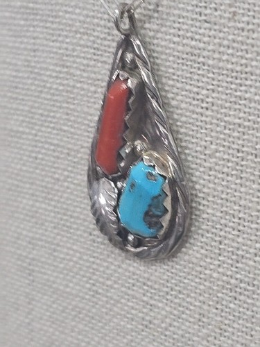 Vintage Silver Turquoise And Coral Necklace 4 Grams Native American #N111 Vance - Picture 4 of 12