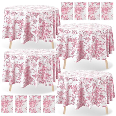 Ganeen 12 Pcs Pink Floral Plastic Tablecloth Floral Round Tablecloths Vintage...