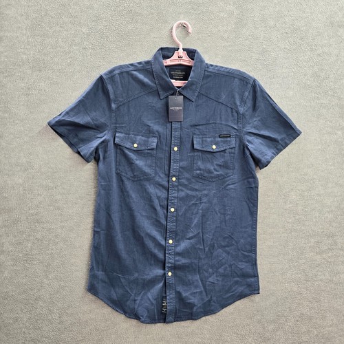 Lucky Brand Men Shirt S Blue Western Pearl Snap Button Short Sleeve NWT