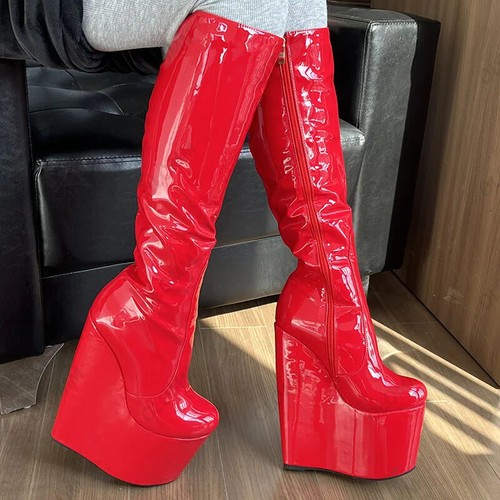 Knee High Boots Patent Leather Side Zipper Wedges Heels Round Toe Club Shoes - Picture 4 of 8