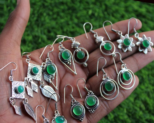 Natural Wholesale Lot Green Onyx Gemstone Earring Lot 925 Silver Plated Earring - Picture 2 of 3