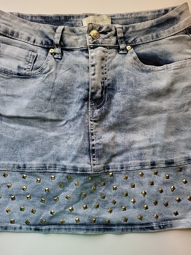 Nicki Minaj Mini Skirt Juniors 9 10 Light Wash Denim Brass Studded Stretch - Picture 2 of 8