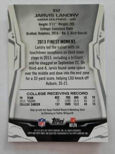 JARVIS LANDRY 2014 TOPPS FINEST ROOKIE CARD# 102 - Picture 2 of 2