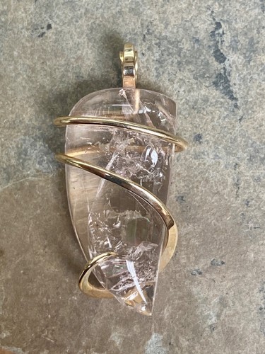 21.56ct Morganite Freeform Cabochon Pendant In Forged 14K Yellow Gold Total Wt - Picture 9 of 12