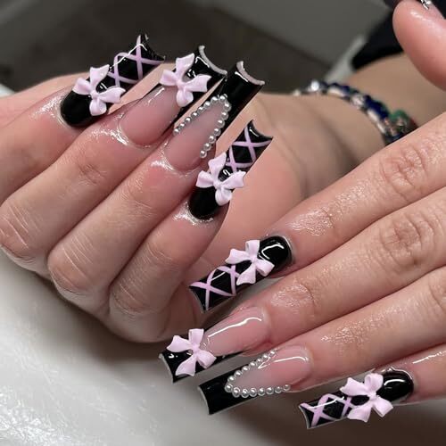 24Pcs Black Coffin Nails Press on Nails French Tip False Coffin Shape Nails 1 - Picture 1 of 7