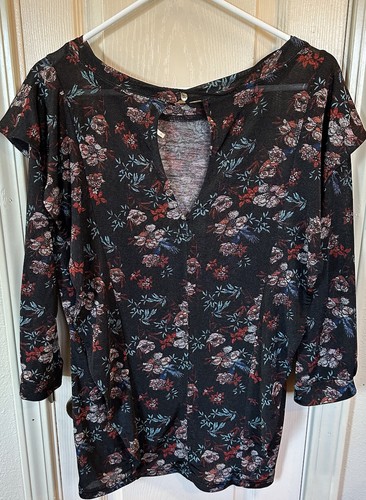 Free People Womens Lg Black Floral Sheer 3/4 Sleeve Blouse - Picture 2 of 6
