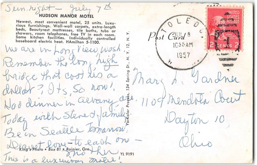 HUDSON MANOR MOTEL Longview, WA Roadside 1957 Chrome Vintage Postcard - Picture 2 of 2