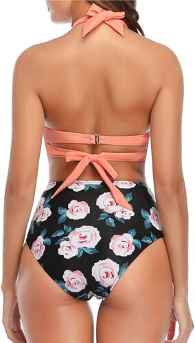 NWT Tempt Me Women's Swimsuit Coral Pink Flower Retro Halter Bikini SMALL - Picture 2 of 3