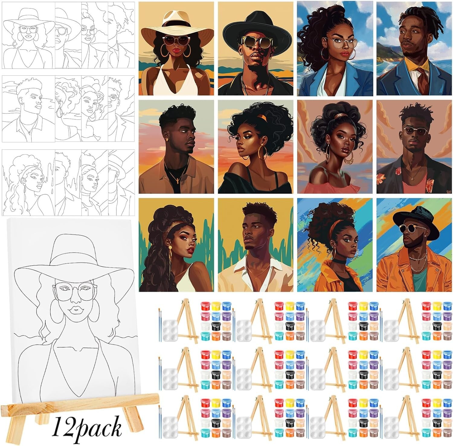 Creative Date Night: 12 Pack Pre-Drawn Canvases with Paints & Easels - 8x10