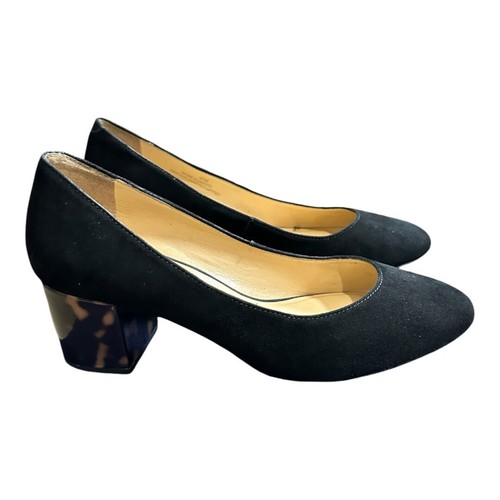 Talbots Black Suede Isa Block Heel Pumps Tortoise Shell Heel Round Toe 6M Office - Picture 1 of 12