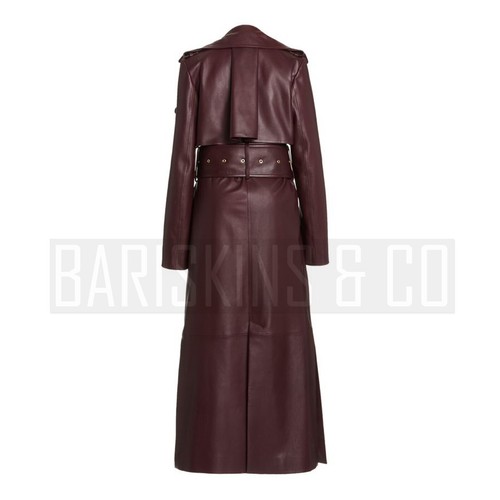 Leather Trench Coat Womens, Long Double-Breasted Belted Overcoat Burgundy Jacket - Bild 2 von 10