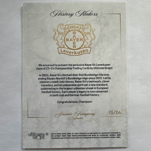 Ultimate Dropz Bayer Leverkusen History Makers Jeromie Frimpong Nummeriert 15/24 - Bild 2 von 2