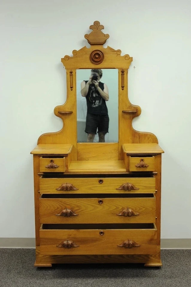 Antique Eastlake Victorian Carved Chestnut Step Down Cottage Dresser w/ Mirror - Image 3 of 4