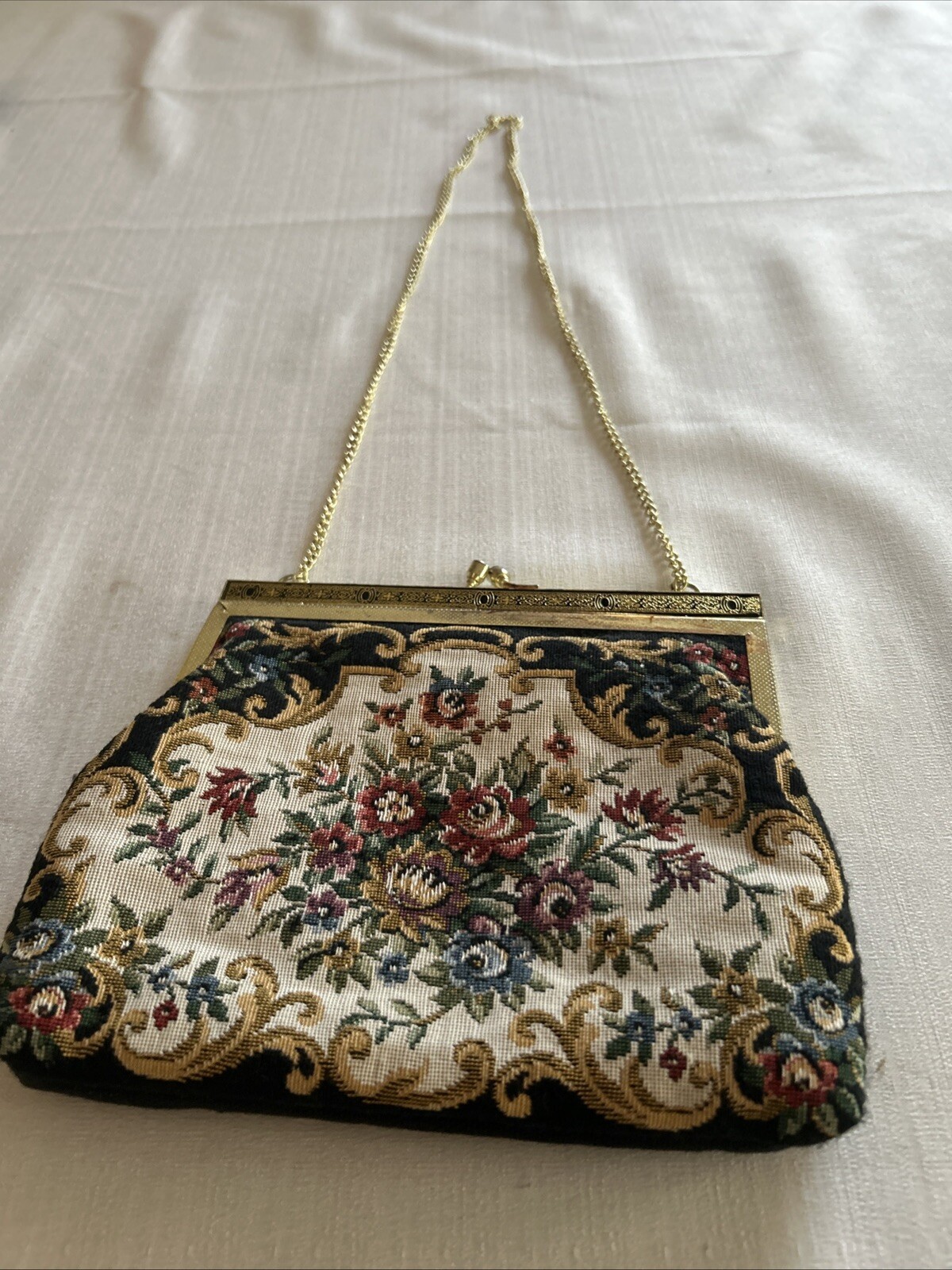 Vintage Petit Point Floral Tapestry Purse Gold Frame Chain Handle