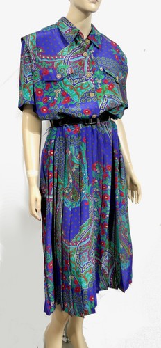 Vintage Leslie Fay Pleated Indigo Boho SS Secretary Shirt Dress XL 16 - Picture 1 of 7