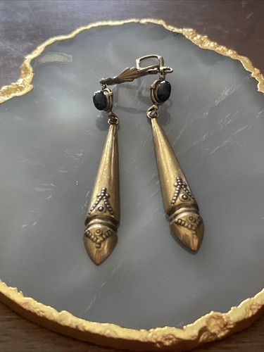 Victorian Bronze Black Onyx Cabochon Dangle Drop Earrings Circa 1920 - Picture 3 of 5