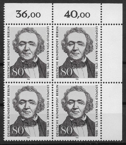 Berlin 1986 ** Mi 759 Leopold von Ranke Eckrandviererblock 4er oben rechts 04725