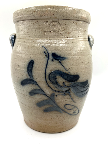 VTG LARGE 80s ROWE Salt Glazed Pottery 10,5" Crock w/Lid Bird Motif Beautiful!