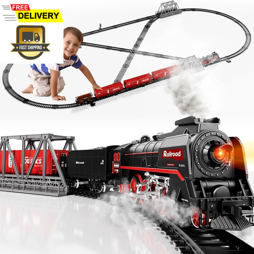 Model Train Set, Electric Toy Train with 3 Way Smoke Locomotive, 5 Train Cars, L - Picture 8 of 12