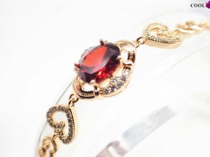 18K-18ct-Yellow-gold-Oval-Ruby-Heart-Gemstone-Women-Chain-bracelet-9-inch