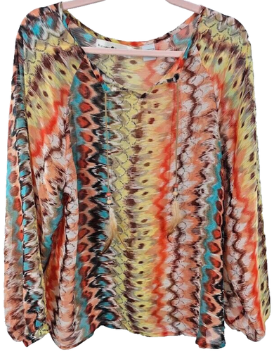Women's Rancho Estancia Sz Large Boho, Southwest Top Colorful Feather, Beads - Picture 2 of 8
