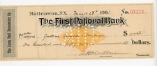 1901 Green Fuel Economizer Co Check Matteawan NY First National Bank Rev Stamp