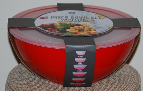 "Red 5.80qt" Gourmet Home 6pc Different Color Polypropylene Bowl Set w/Lids - Picture 6 of 6